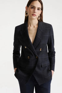 Double-Breasted Stretch Wool-Blend Blazer Navy Check