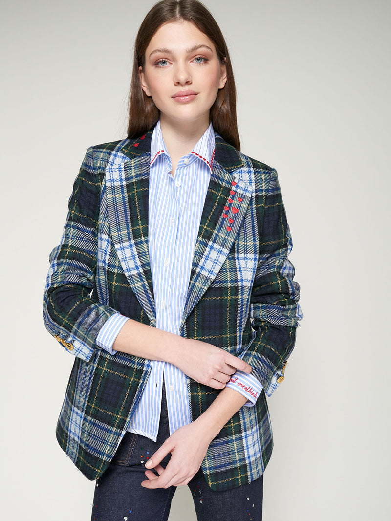 Green Plaid Embroidered Blazer