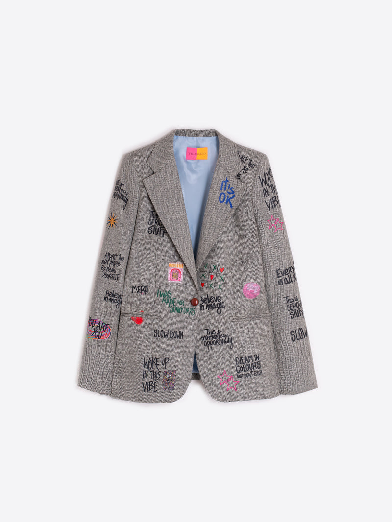 Grey Herringbone Blazer Graffiti