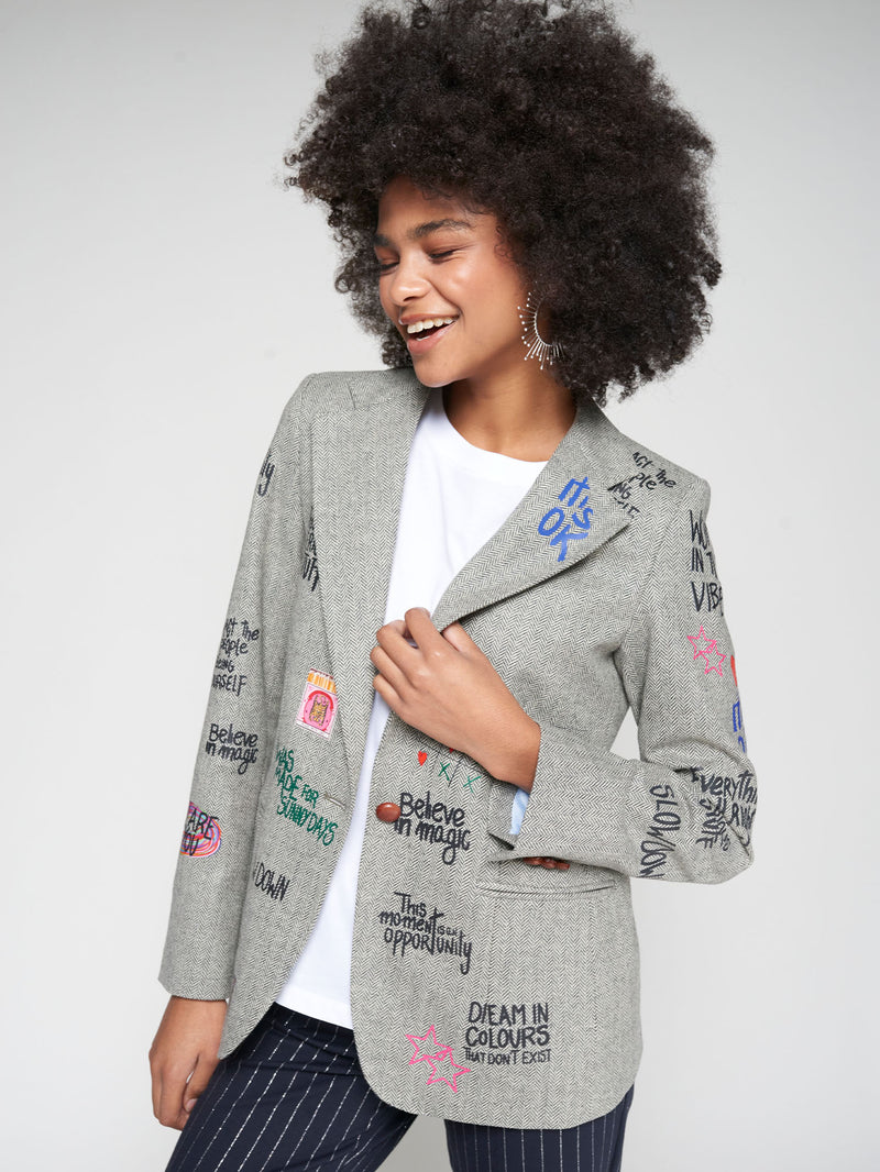 Grey Herringbone Blazer Graffiti