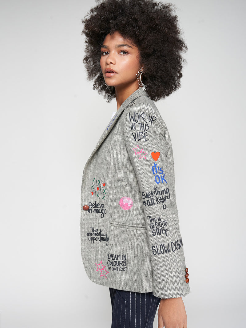 Grey Herringbone Blazer Graffiti