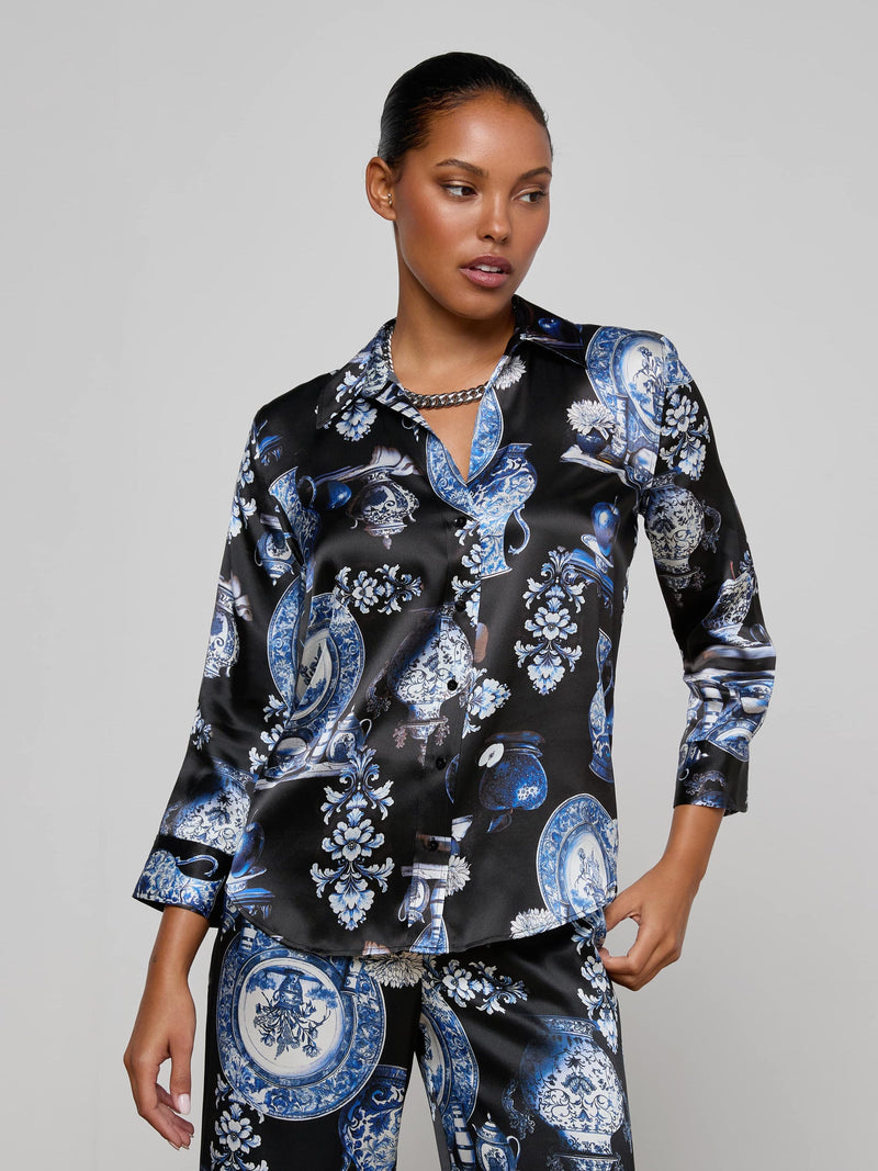 Dani Silk Blouse Black/Blue Porcelain Print