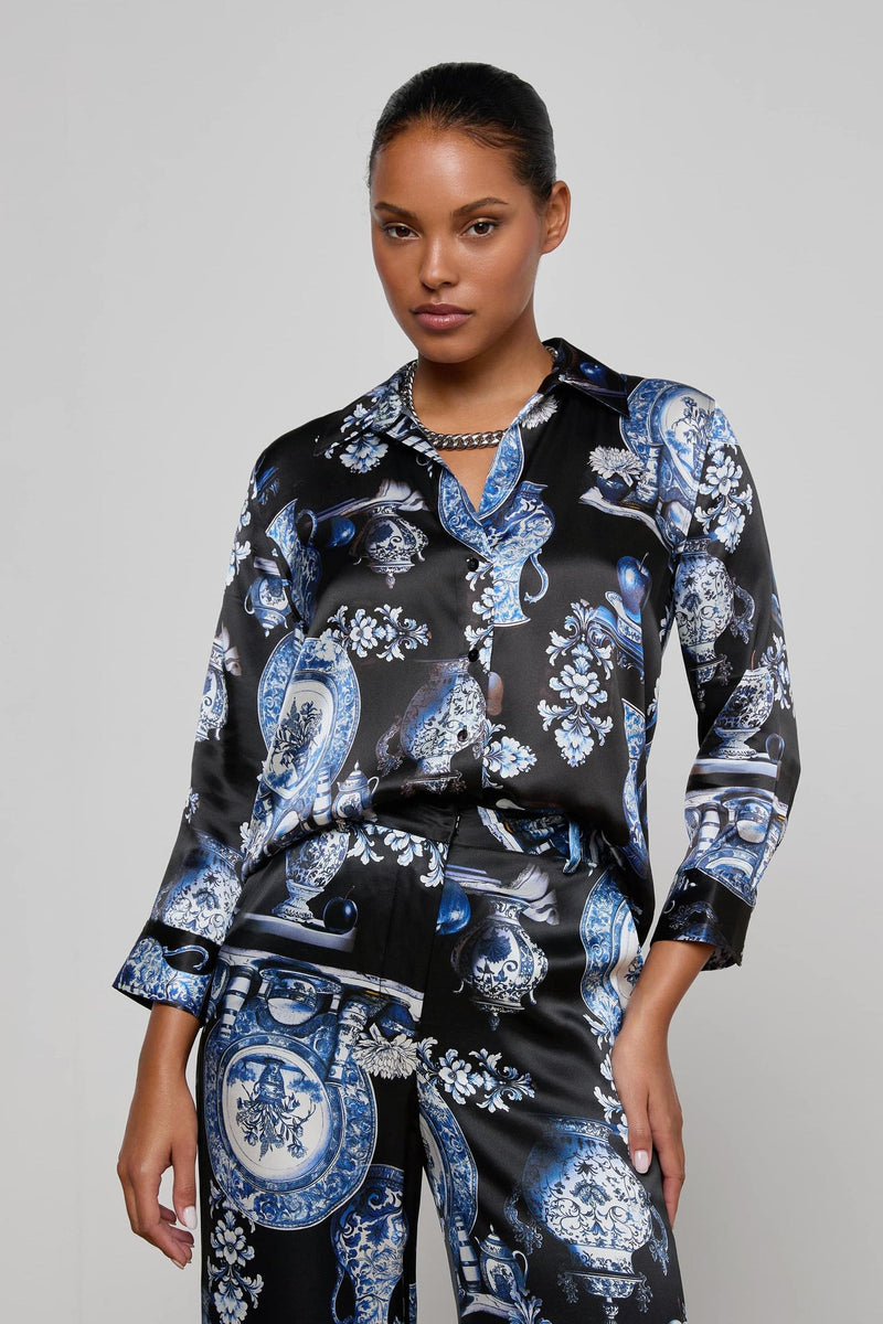 Dani Silk Blouse Black/Blue Porcelain Print