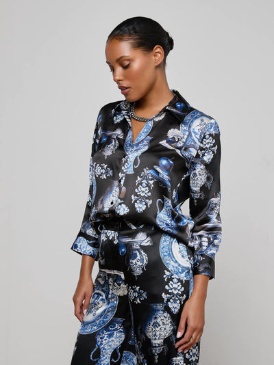 Dani Silk Blouse Black/Blue Porcelain Print