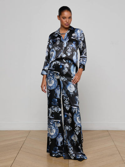 Dani Silk Blouse Black/Blue Porcelain Print