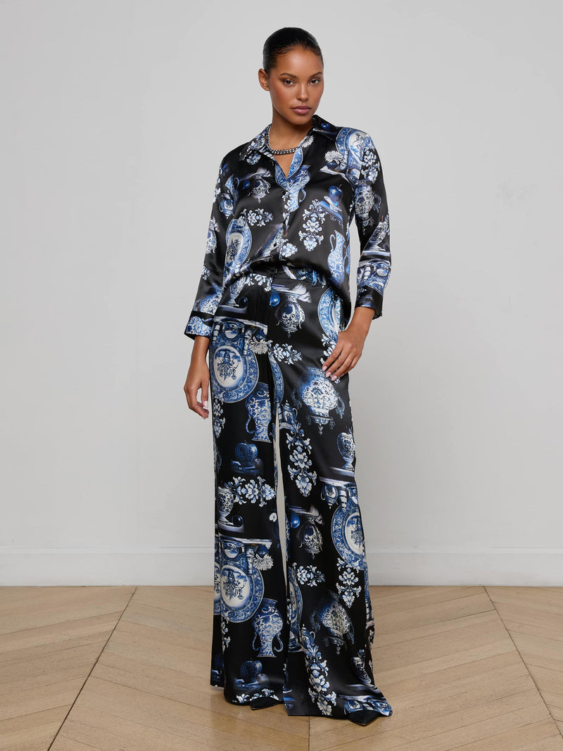 Dani Silk Blouse Black/Blue Porcelain Print
