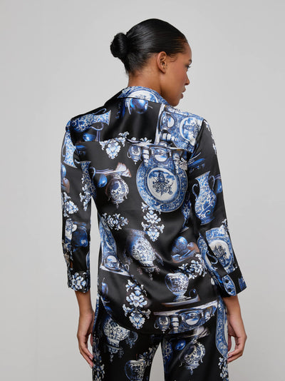 Dani Silk Blouse Black/Blue Porcelain Print
