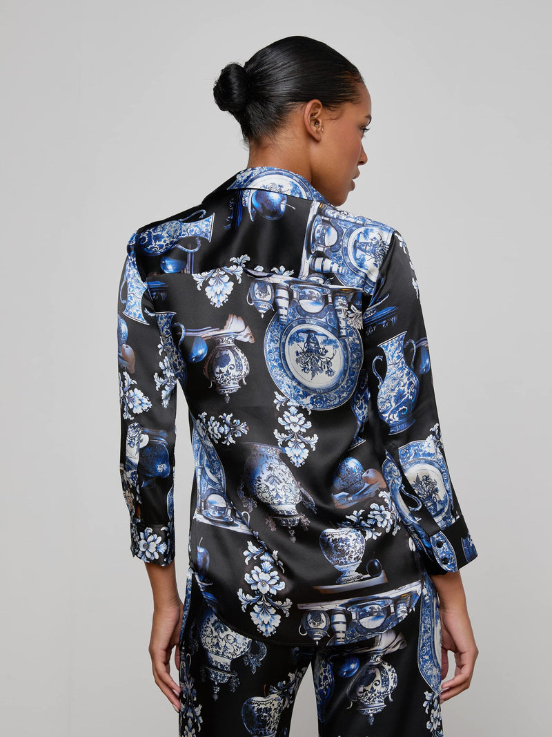 Dani Silk Blouse Black/Blue Porcelain Print