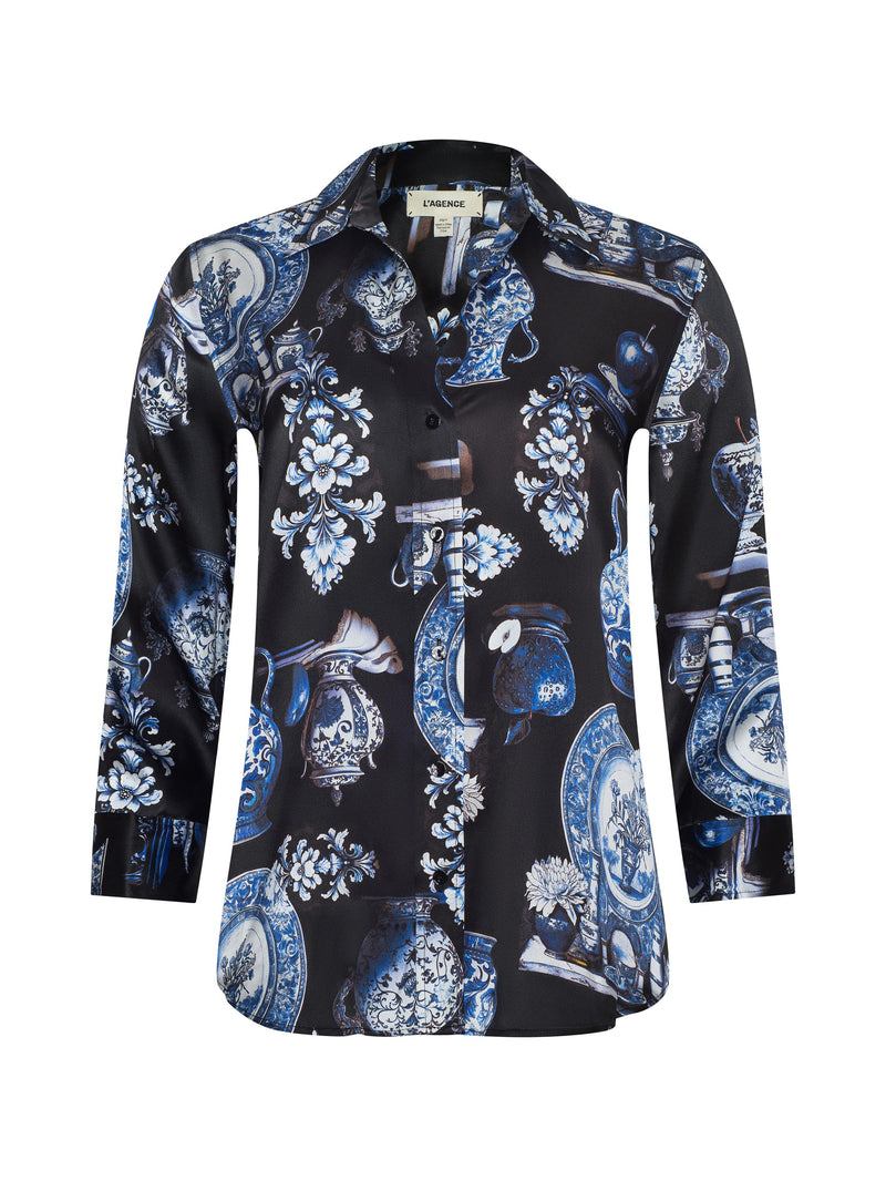 Dani Silk Blouse Black/Blue Porcelain Print