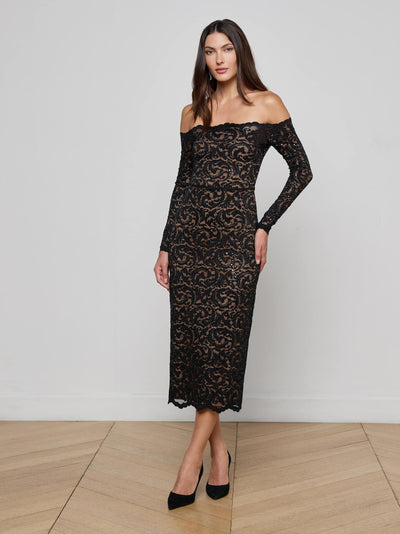 Lindsay Sequinned Lace Dress Black