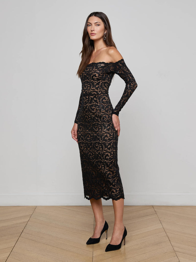Lindsay Sequinned Lace Dress Black