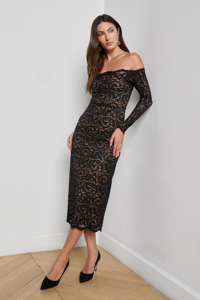 Lindsay Sequinned Lace Dress Black