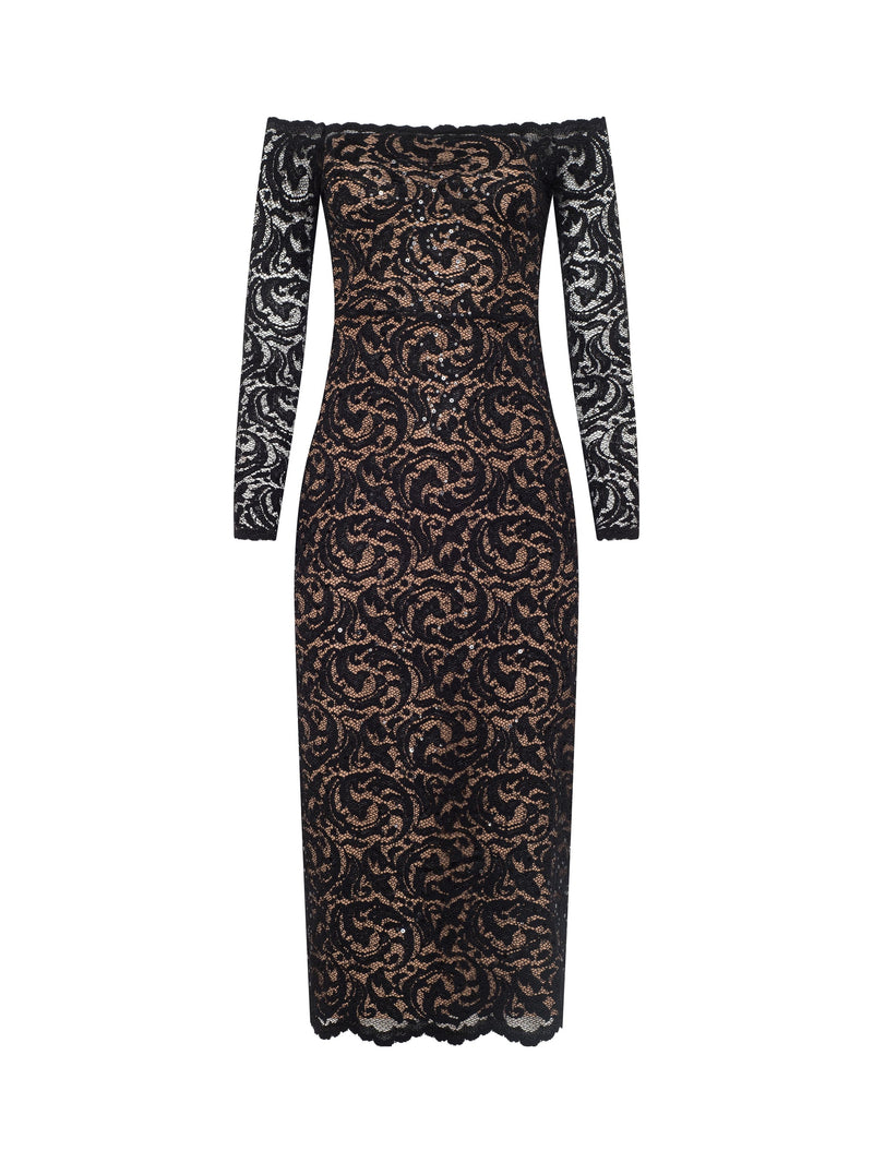Lindsay Sequinned Lace Dress Black