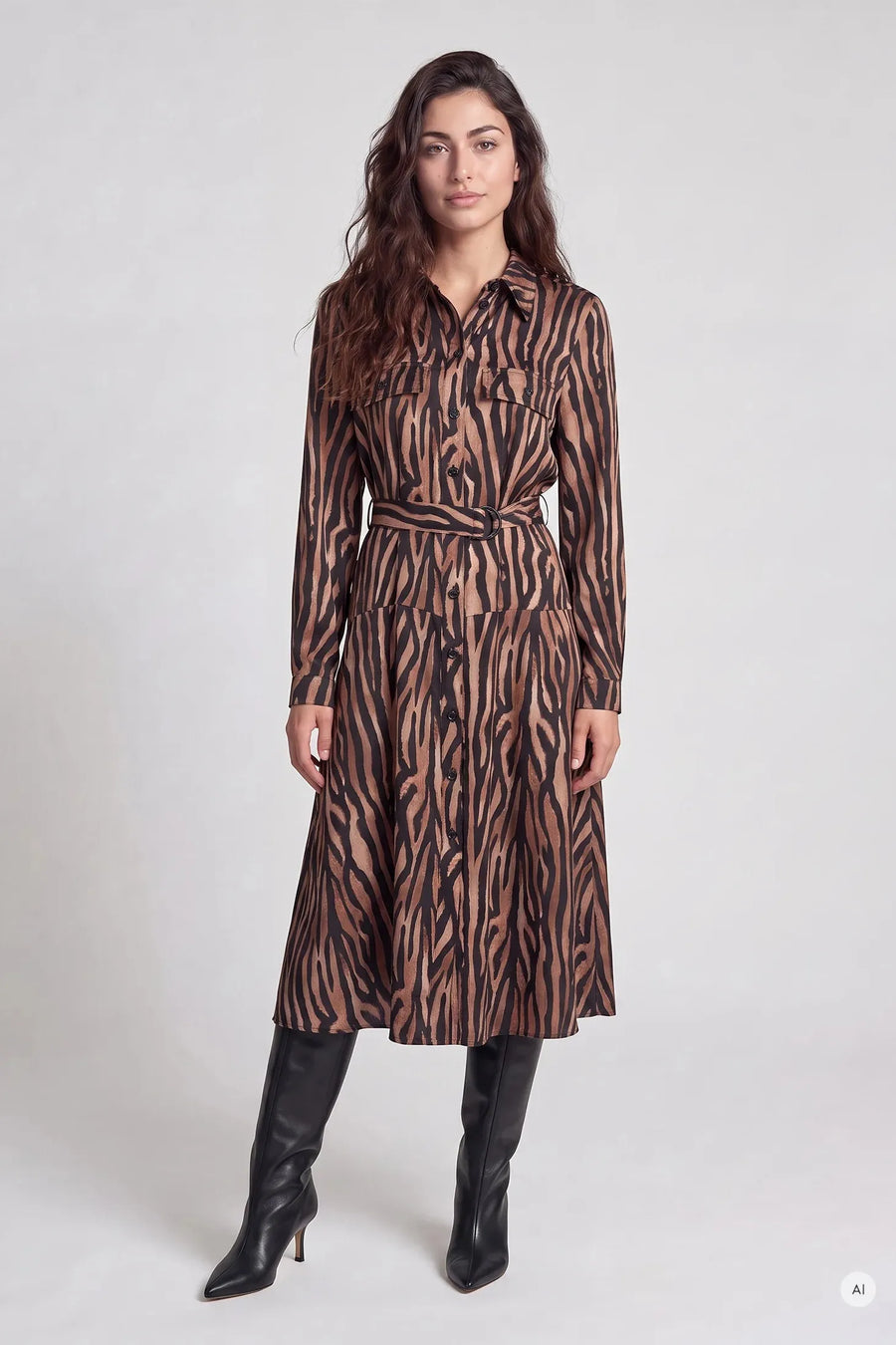 Midi Dress With Tiger Print Black Varied