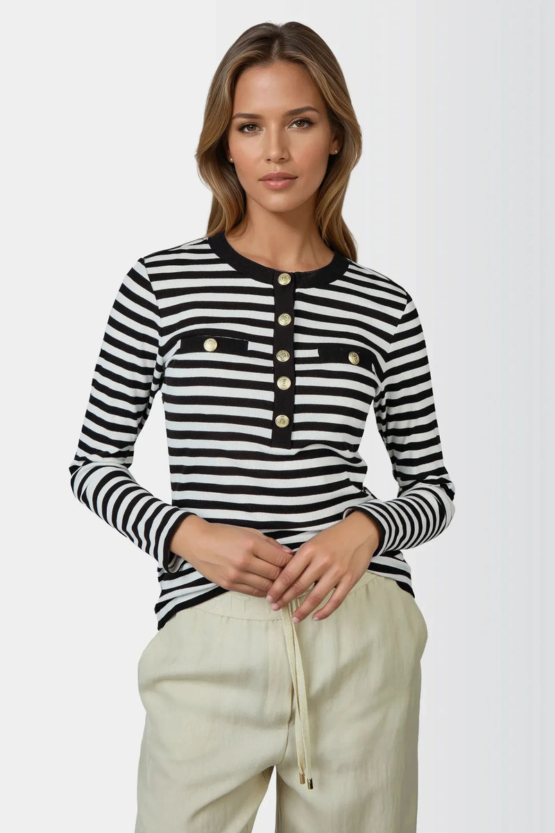Button-Front Sweater Striped Black/White