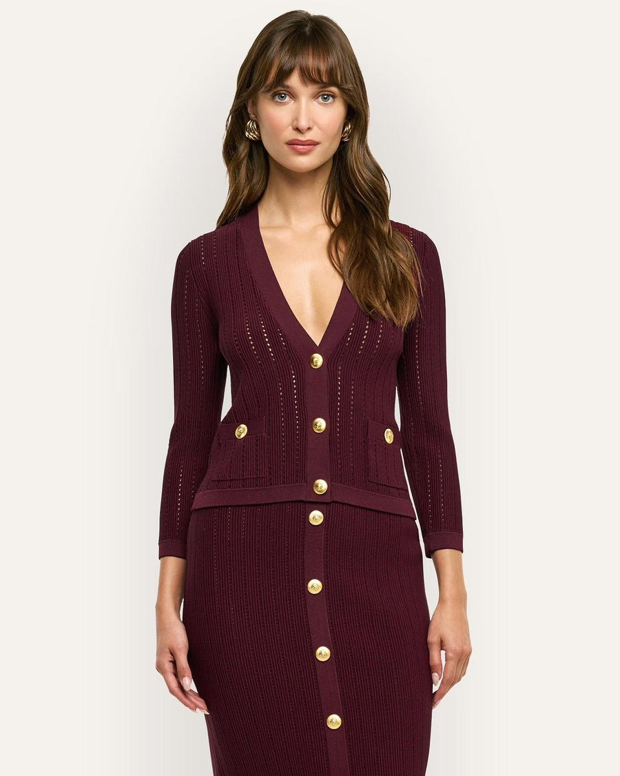 Irvin Pointelle Knit Cardigan Deep Port/Gold