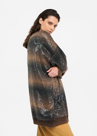 Longline Cardigan With Sequins Brown