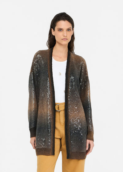 Longline Cardigan With Sequins Brown