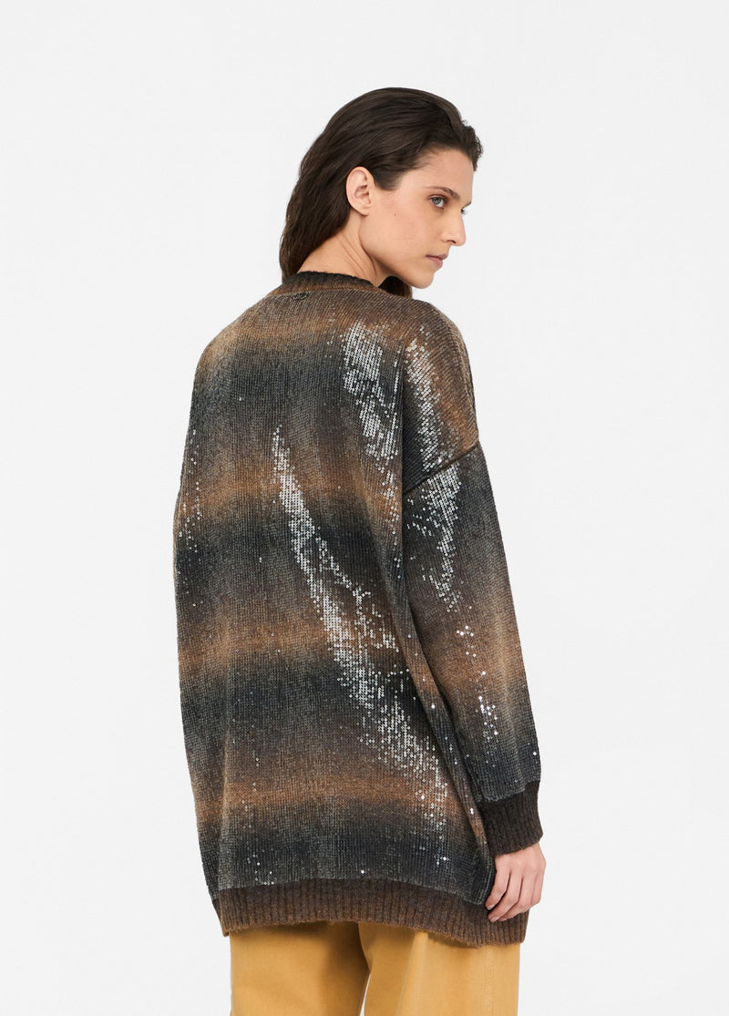 Longline Cardigan With Sequins Brown