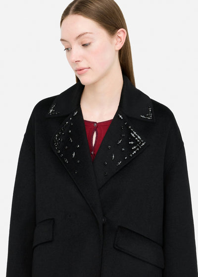 Wool Coat With Bejewelled Embroidery Black