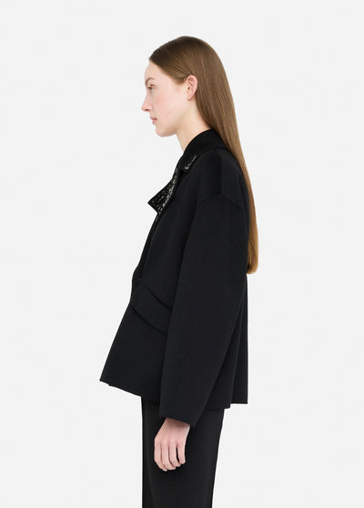 Wool Coat With Bejewelled Embroidery Black