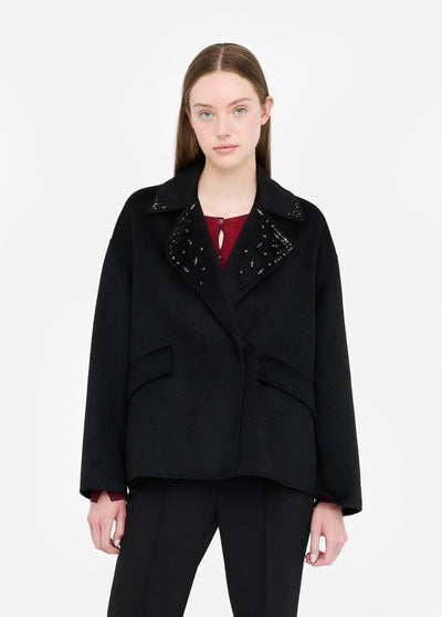 Wool Coat With Bejewelled Embroidery Black
