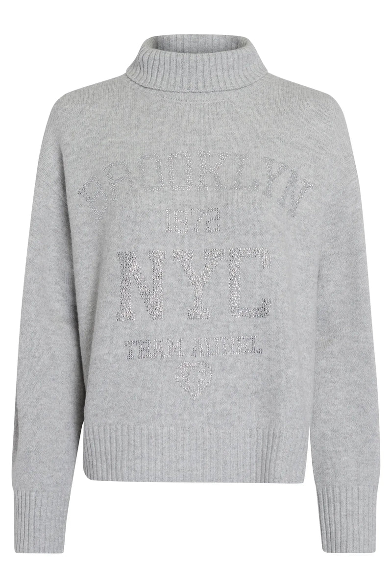 Turtleneck Sweater With Rhinestone Appliqués Light Grey