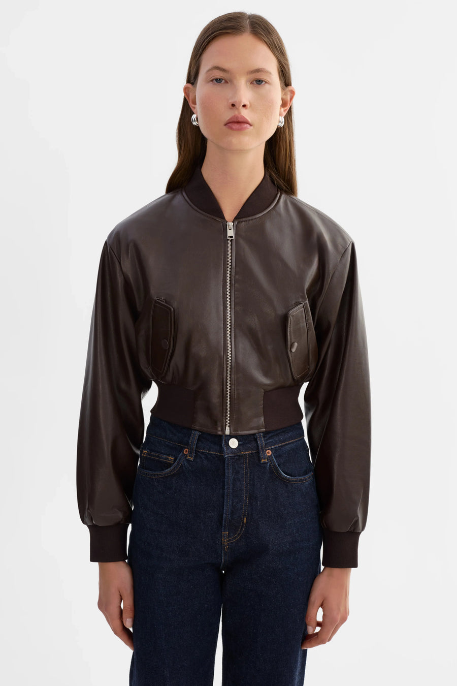 Evelin Cropped Faux Leather Bomber Jacket Dark Brown