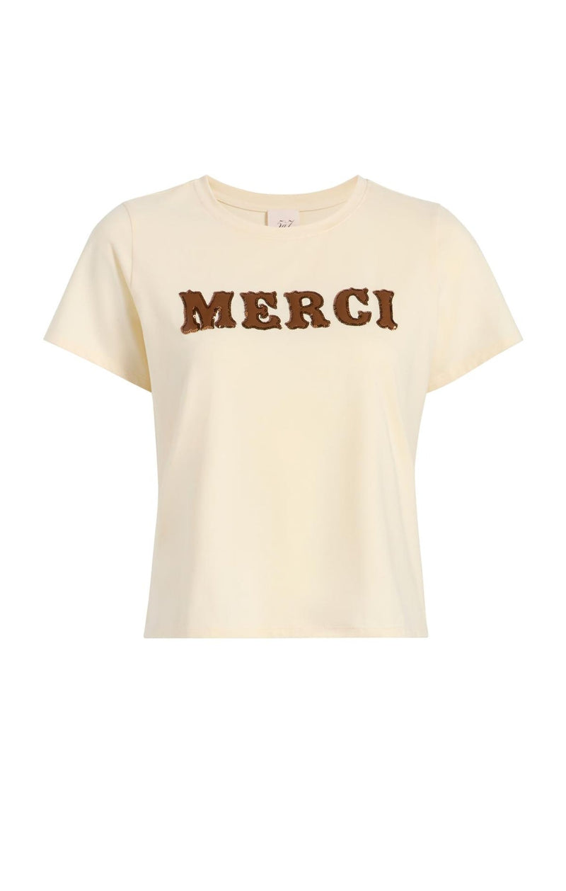 Leather Applique Merci Shrunken Tee Gardenia/Dark Sepia