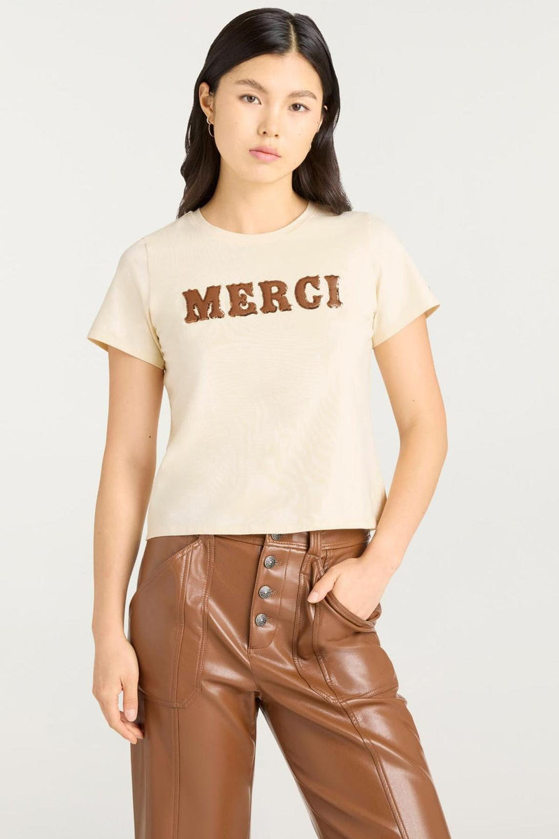 Leather Applique Merci Shrunken Tee Gardenia/Dark Sepia