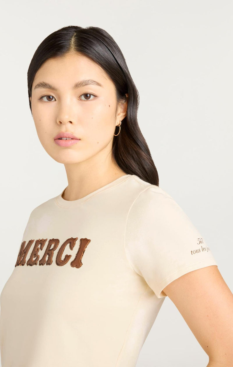 Leather Applique Merci Shrunken Tee Gardenia/Dark Sepia