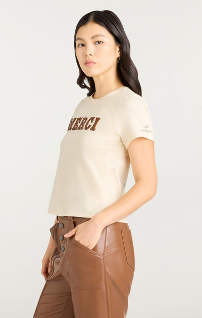 Leather Applique Merci Shrunken Tee Gardenia/Dark Sepia