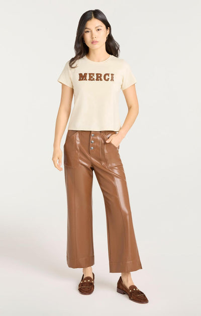 Leather Applique Merci Shrunken Tee Gardenia/Dark Sepia
