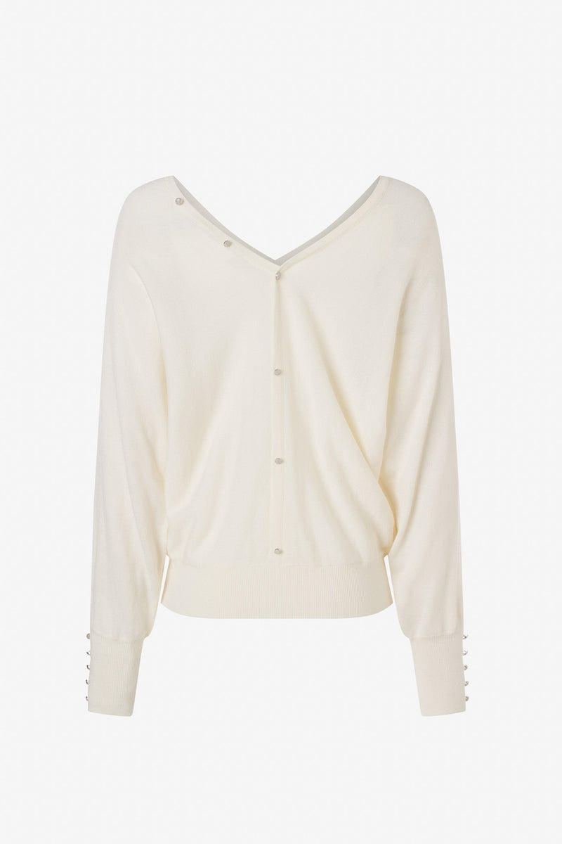 Merino Blend V Neck Sweater Button Detail Ivory