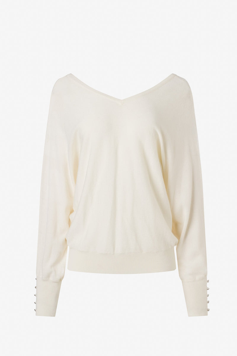 Merino Blend V Neck Sweater Button Detail Ivory