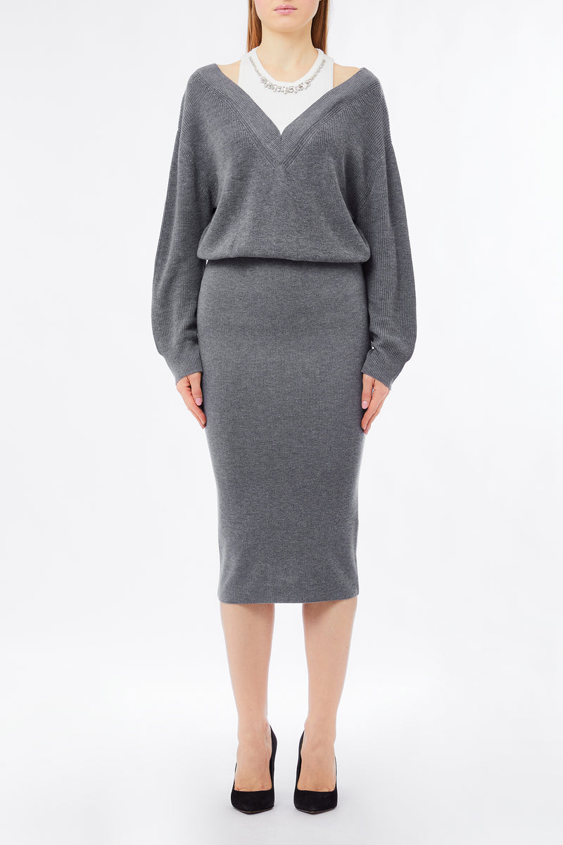 Knit Dress With Bejewelled Embroidery Grey