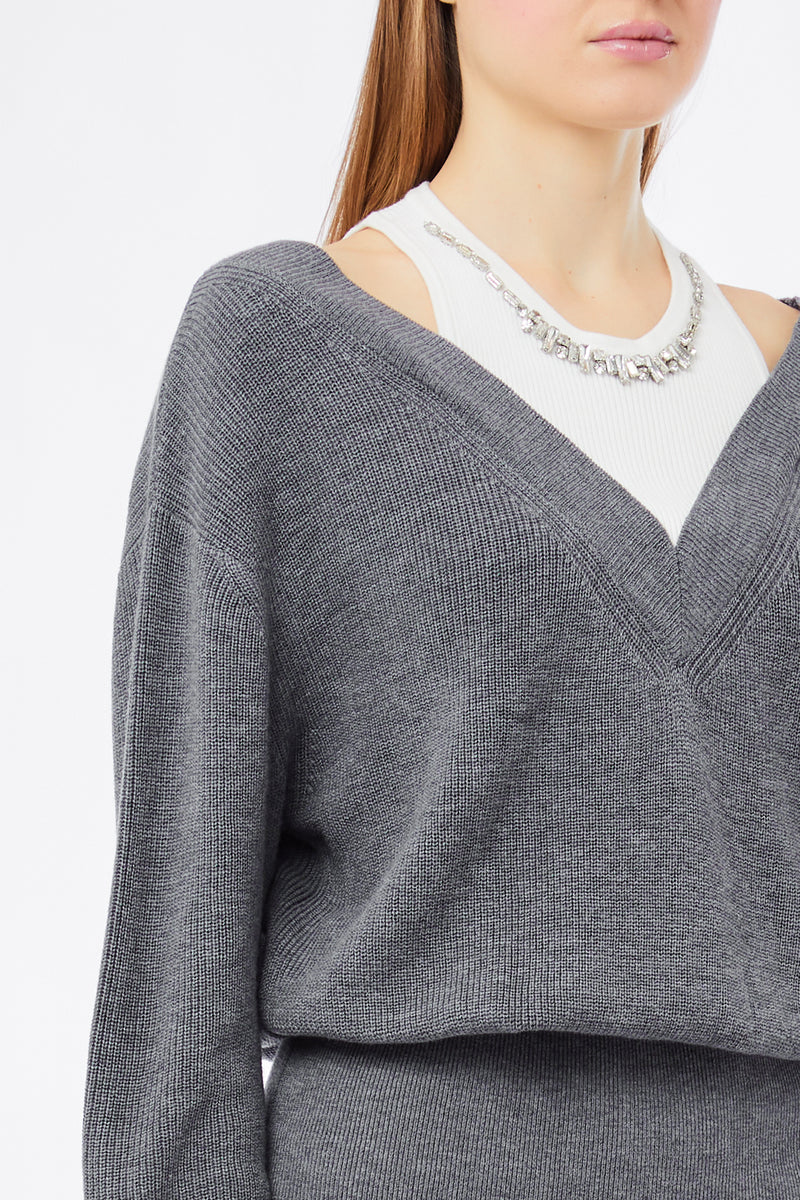 Knit Dress With Bejewelled Embroidery Grey