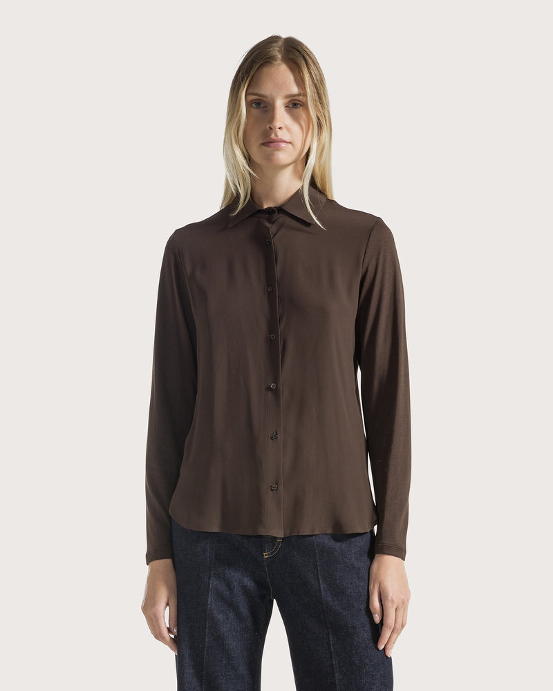 Blended Silk Open Shirt Deep Brown