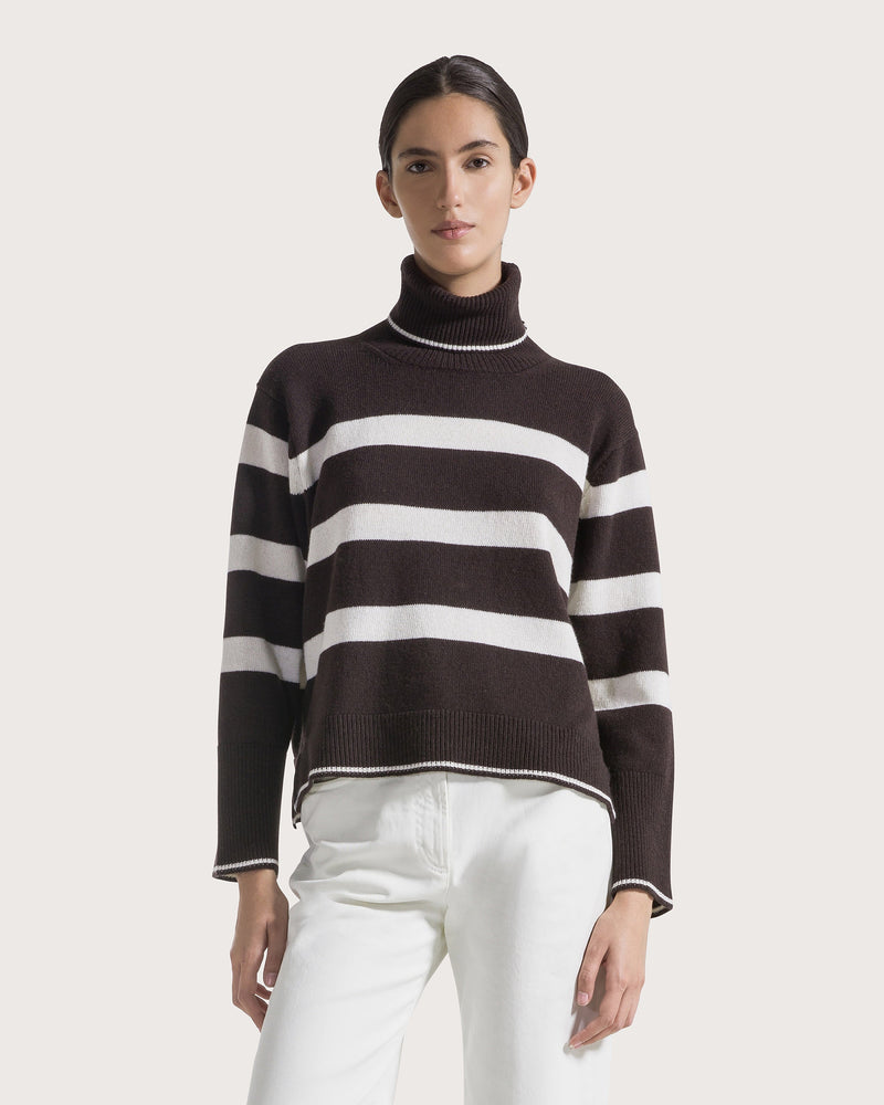 Striped Turtleneck Sweater Deep Brown/White