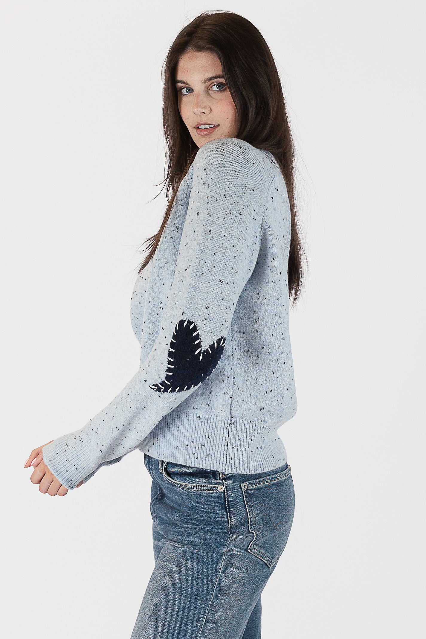 Fleck Crewneck Sweater With Heart Patch At Elbow by Yates & Co