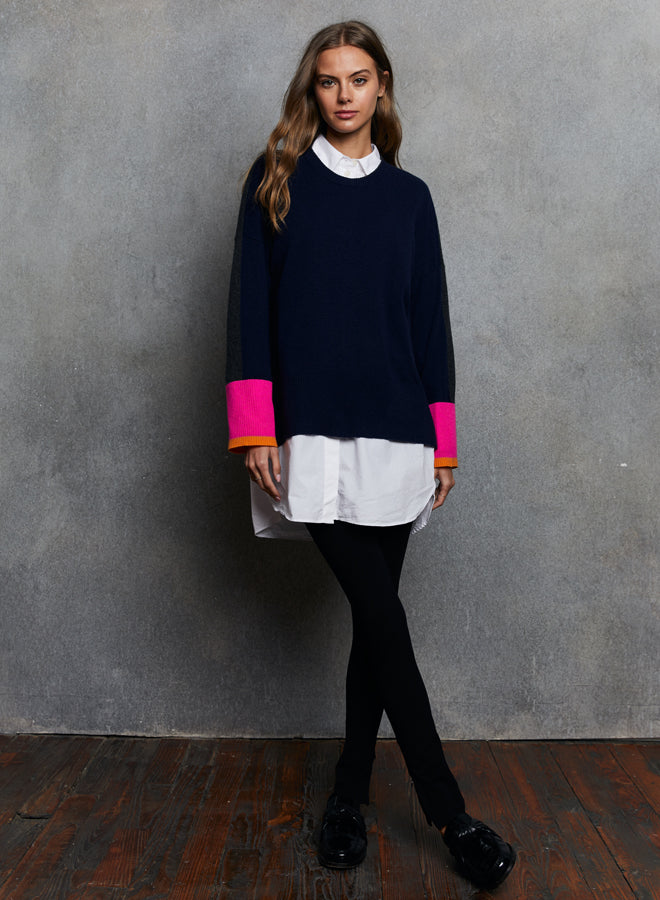Color block relaxed crew w/ racing stripe by Autumn Cashmere