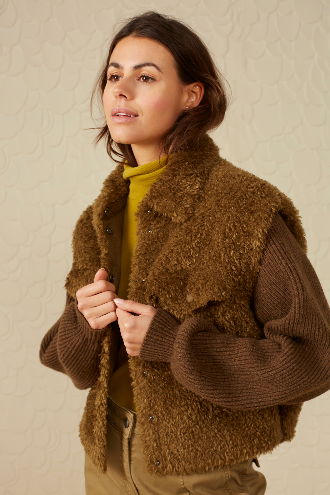 Short Teddy Jacket With Knitted Sleeves by Yaya