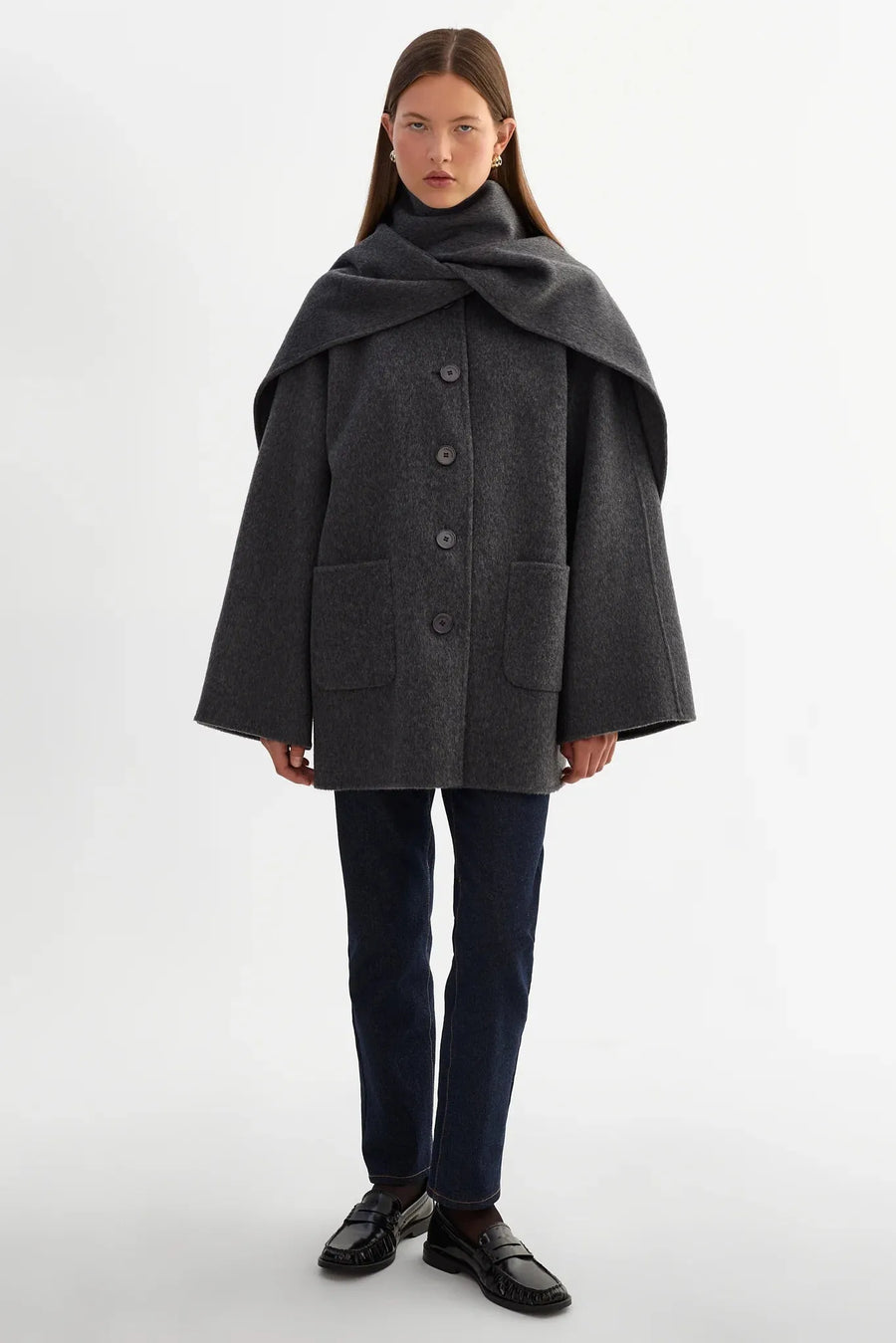 Anca Wool Scarf Jacket Heather Charcoal-LAMARQUE-Tocca Finita