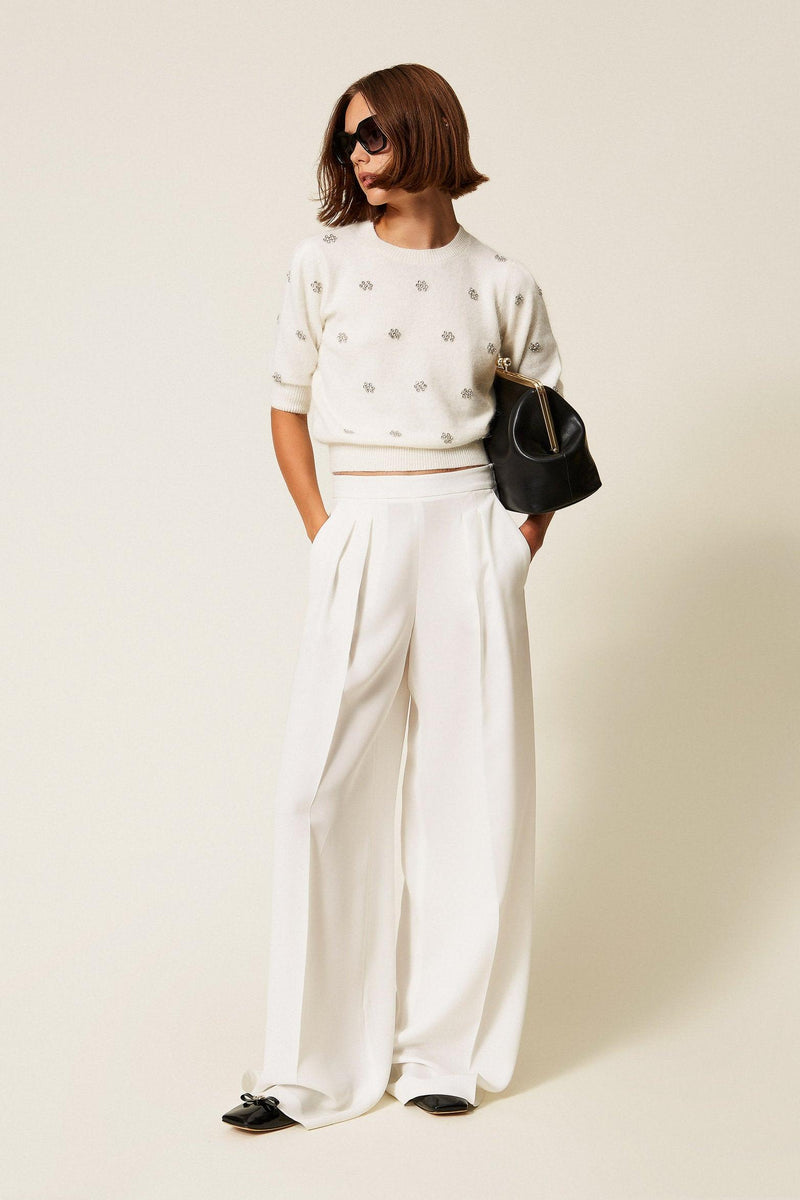 Angora Blend Jumper With Embroidery White Snow-TWINSET-Tocca Finita