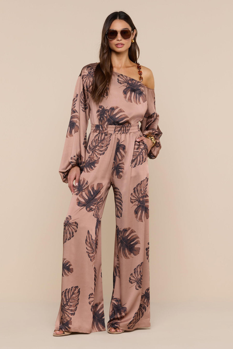 Asami Chain One Shoulder Blouse Hazelnut Multi Palm-L&