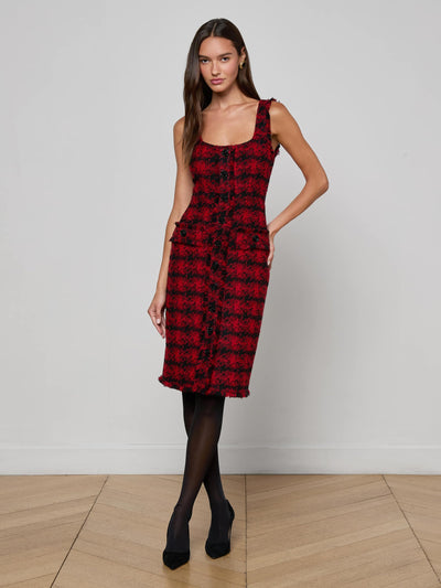 Aya Tweed Midi Dress Red Black Houndstooth-L'Agence-Tocca Finita