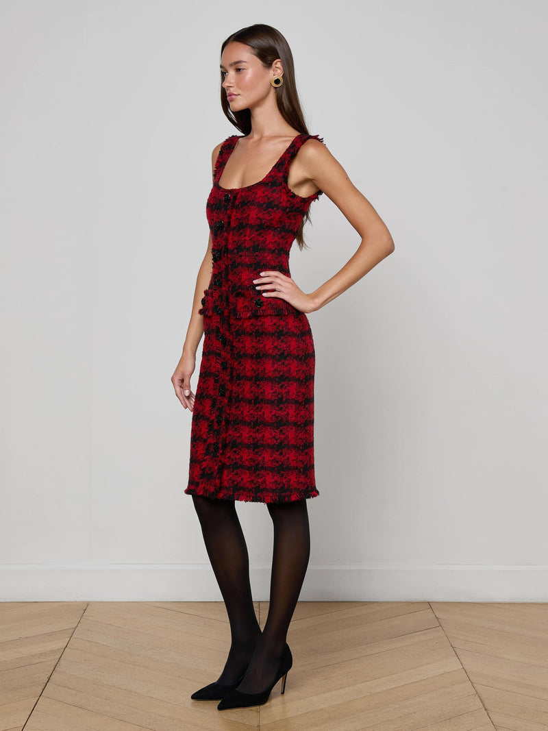 Aya Tweed Midi Dress Red Black Houndstooth-L&