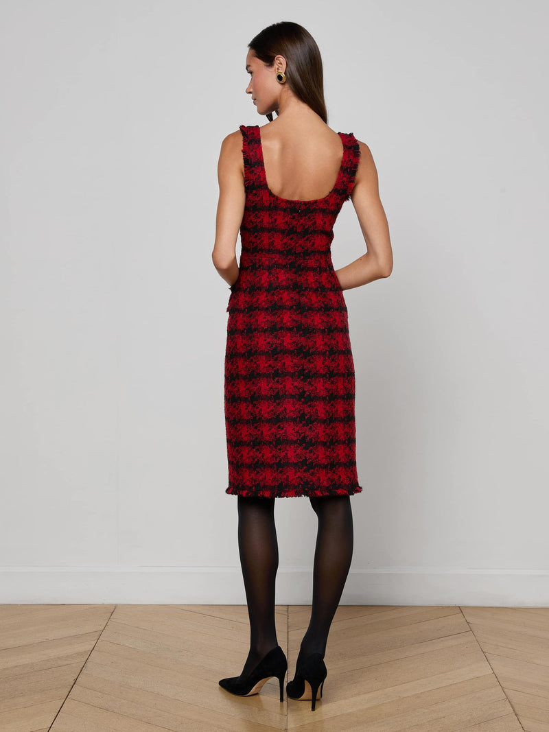 Aya Tweed Midi Dress Red Black Houndstooth-L&