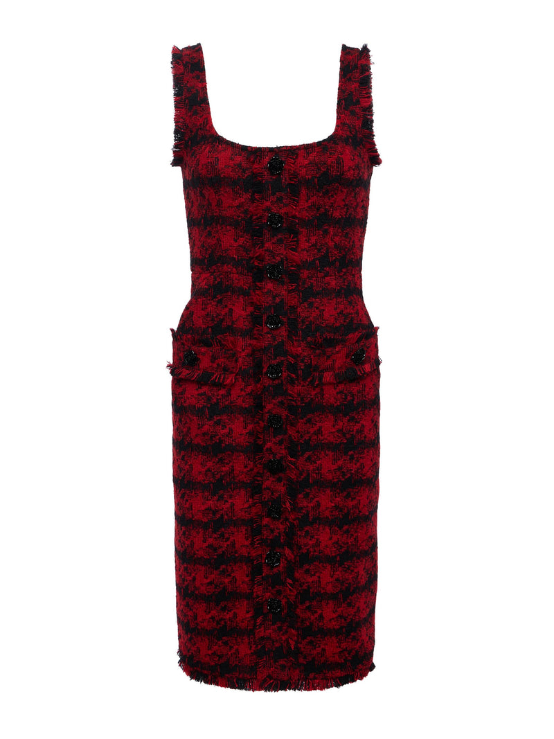 Aya Tweed Midi Dress Red Black Houndstooth-L&