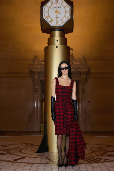 Aya Tweed Midi Dress Red Black Houndstooth-L'Agence-Tocca Finita